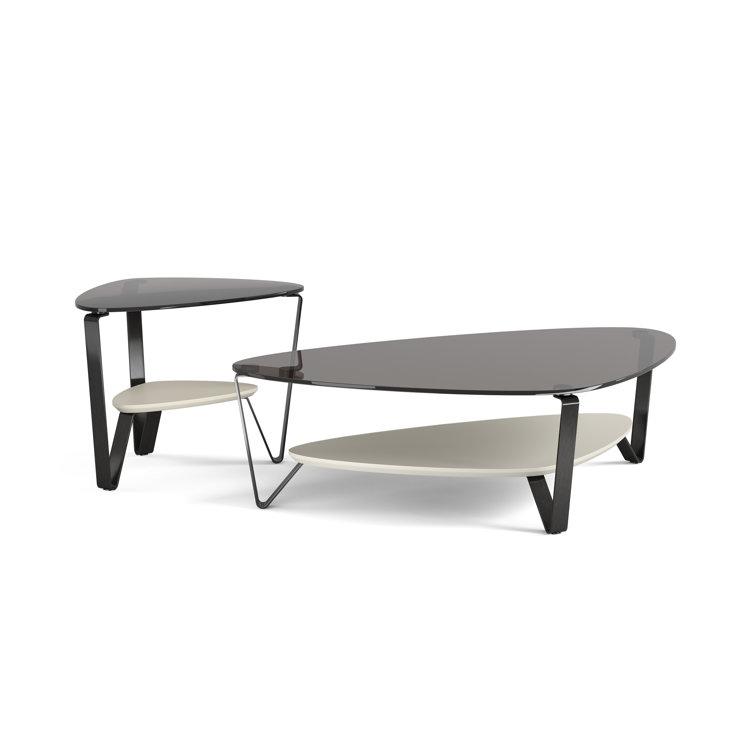 Triangular Grey Tempered Glass Coffee Table with Storage Shelf