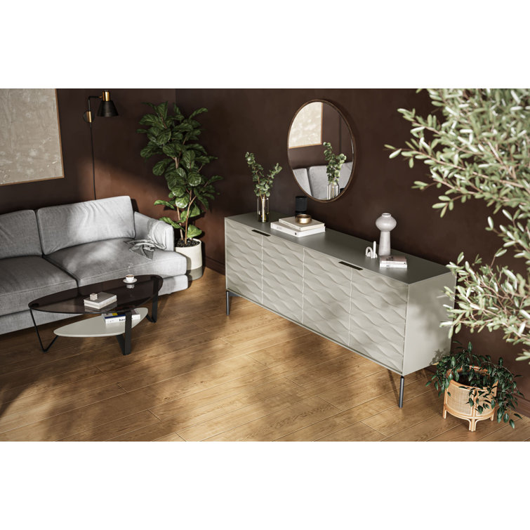 Stone and Brushed Carbon MDF Sideboard with Clear Glass Shelves