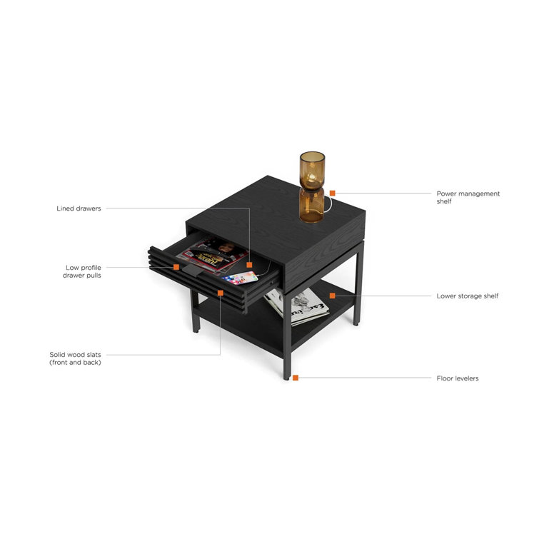 Ebonized Ash Round Wood and Metal End Table with Storage