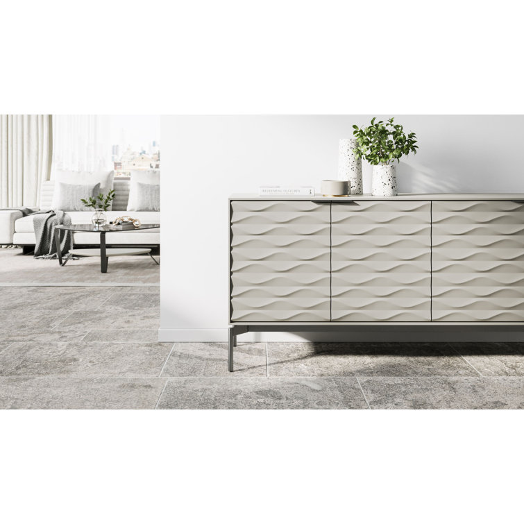 Stone and Brushed Carbon MDF Sideboard with Clear Glass Shelves