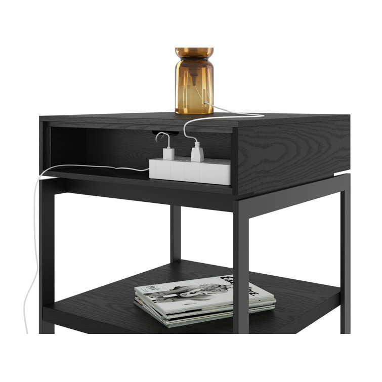 Ebonized Ash Round Wood and Metal End Table with Storage