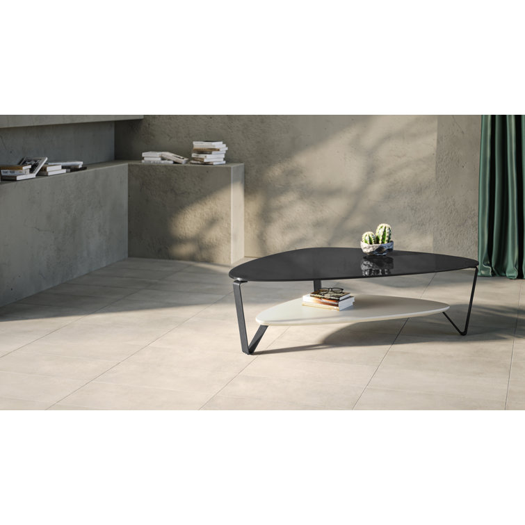 Triangular Grey Tempered Glass Coffee Table with Storage Shelf