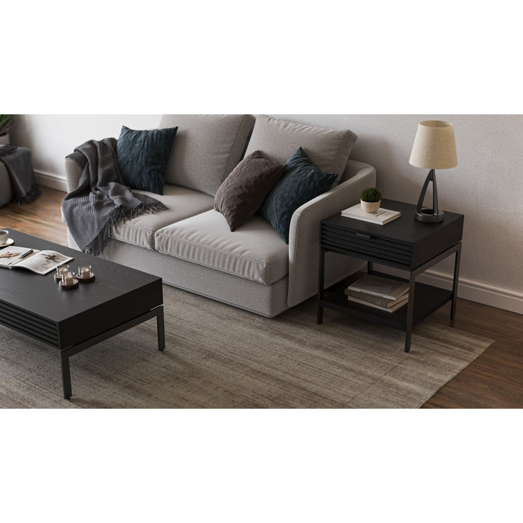 Ebonized Ash Round Wood and Metal End Table with Storage