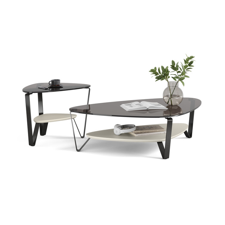 Triangular Grey Tempered Glass Coffee Table with Storage Shelf