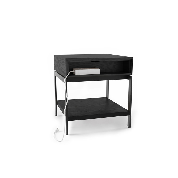 Ebonized Ash Round Wood and Metal End Table with Storage