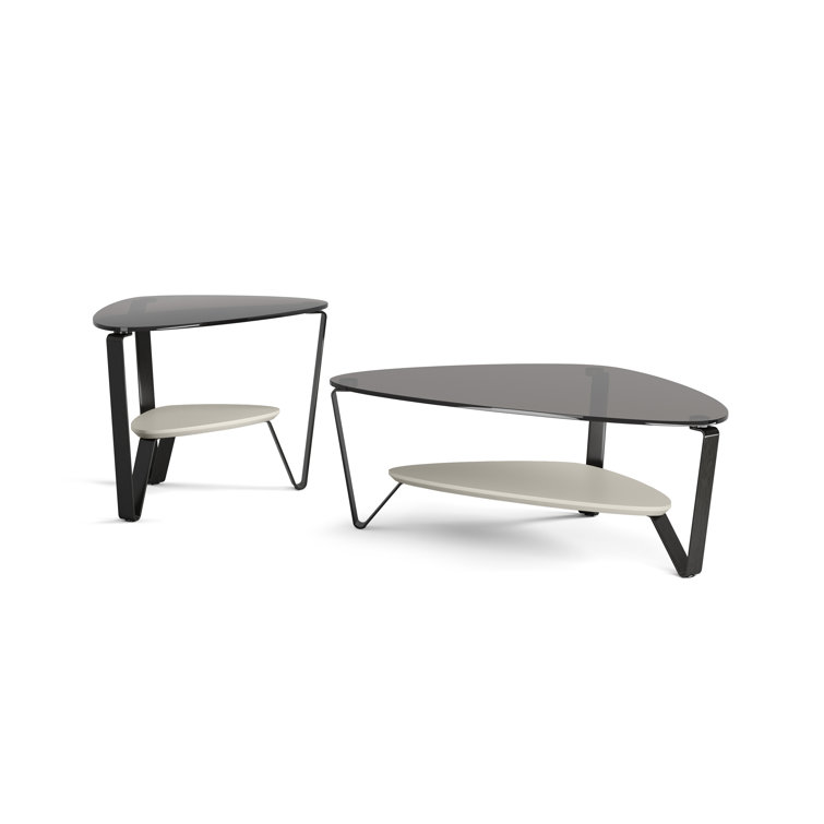 Triangular Grey Tempered Glass Coffee Table with Storage Shelf