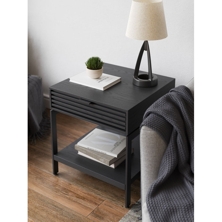 Ebonized Ash Round Wood and Metal End Table with Storage