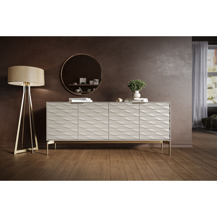 Stone and Brushed Brass 80'' MDF and Glass Sideboard