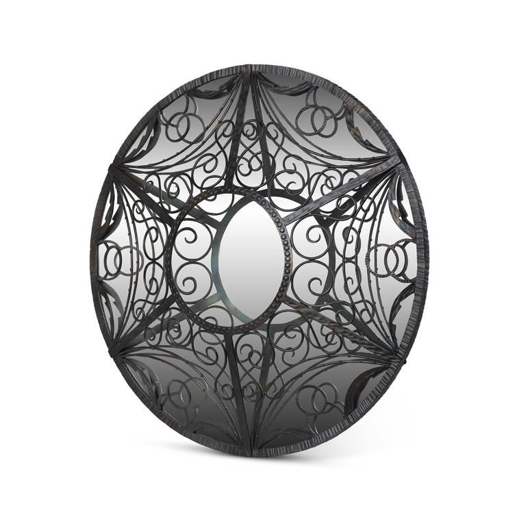 Black Metal Round Wall Mirror with Ornate Design