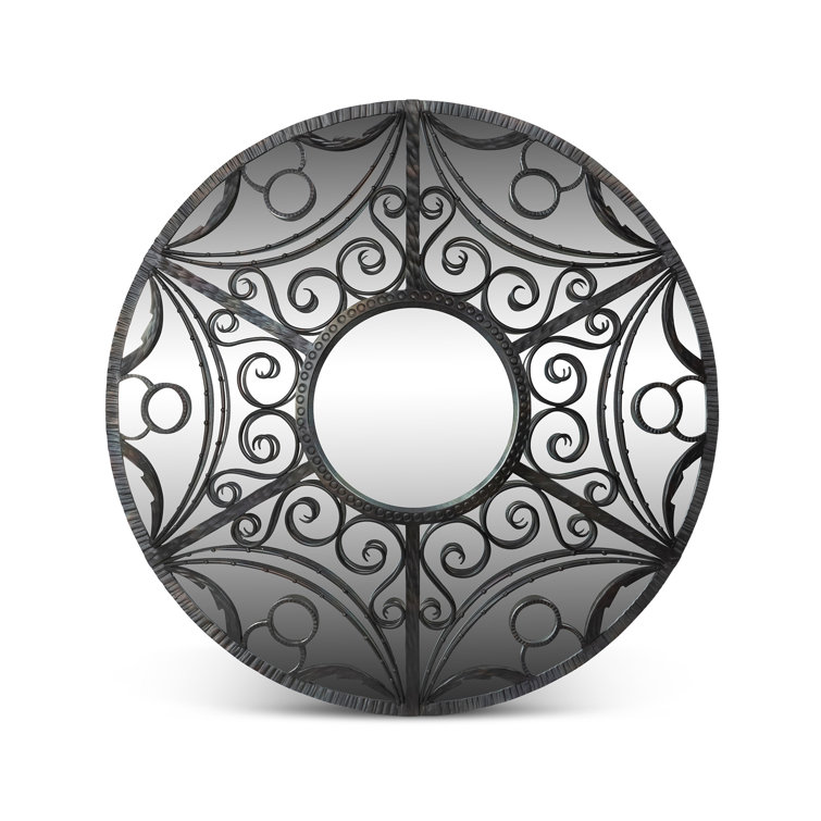 Black Metal Round Wall Mirror with Ornate Design