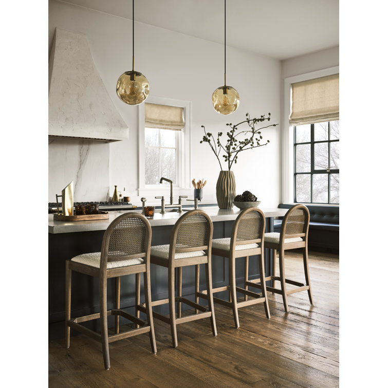 Ivory White Boucle and Oak Curved Bar Stools, Set of 2