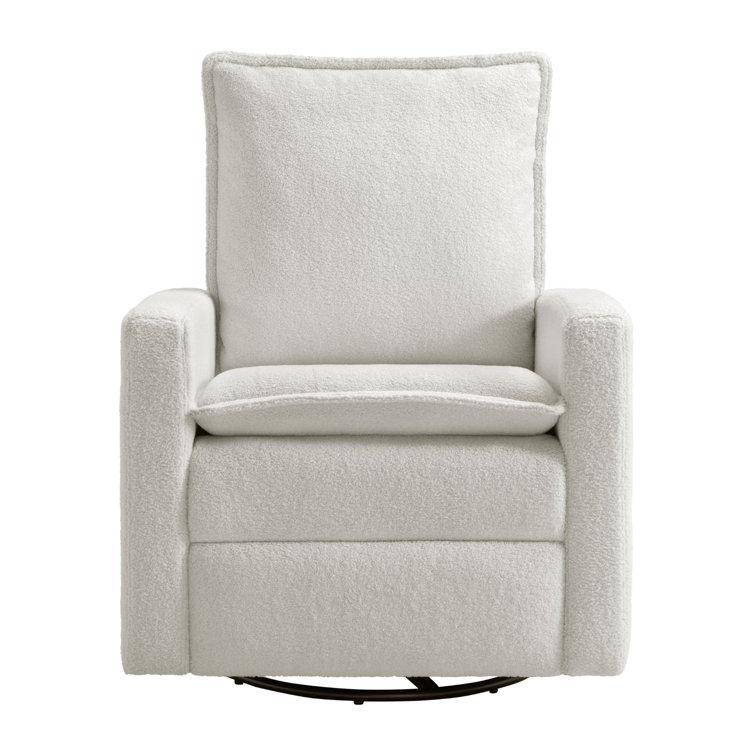 Boucle White Swivel Recliner with Natural Wood Frame