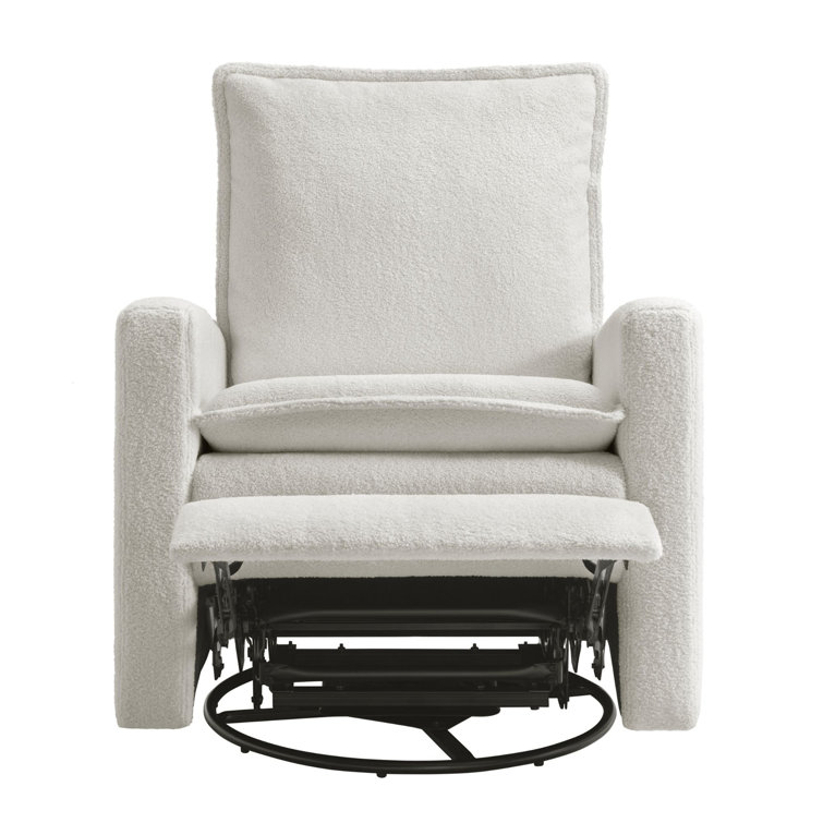 Boucle White Swivel Recliner with Natural Wood Frame