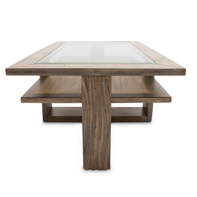 Boardwalk Brown Acacia Rectangular Cocktail Table with Beveled Glass