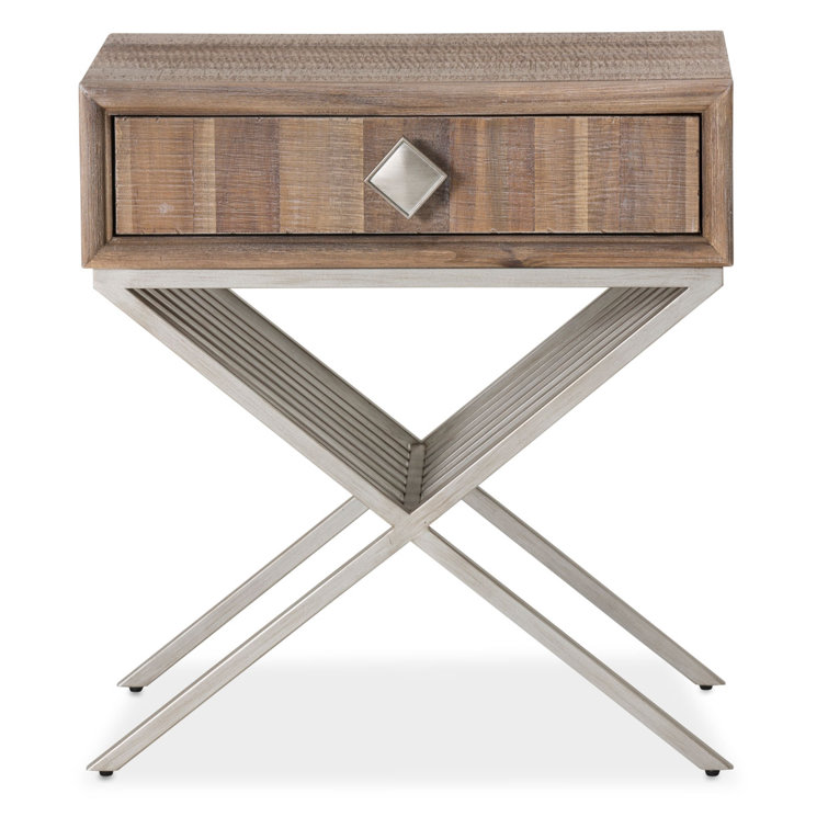 Acacia Wood and Metal Cross Legs End Table with Velvet-Lined Drawer