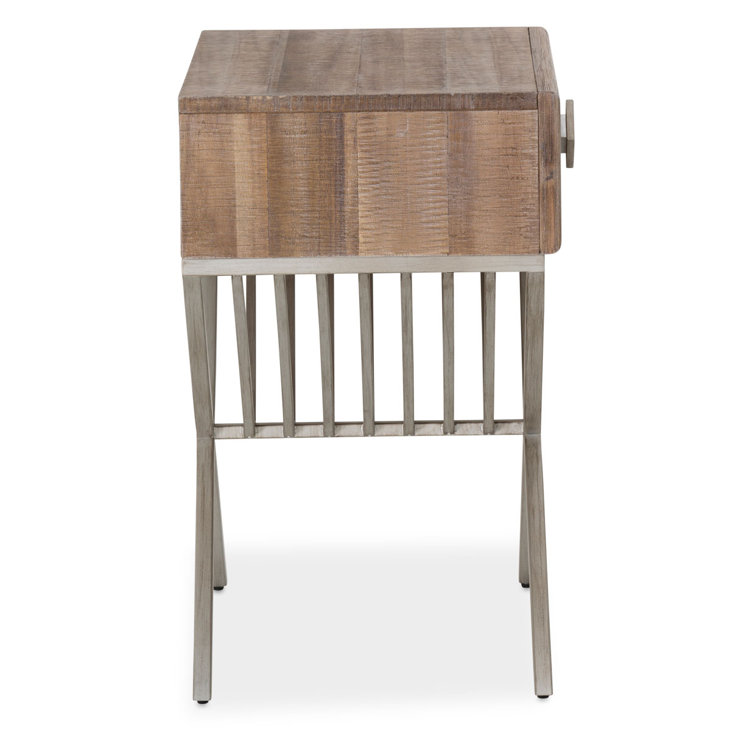 Acacia Wood and Metal Cross Legs End Table with Velvet-Lined Drawer