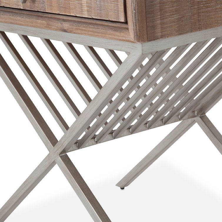 Acacia Wood and Metal Cross Legs End Table with Velvet-Lined Drawer
