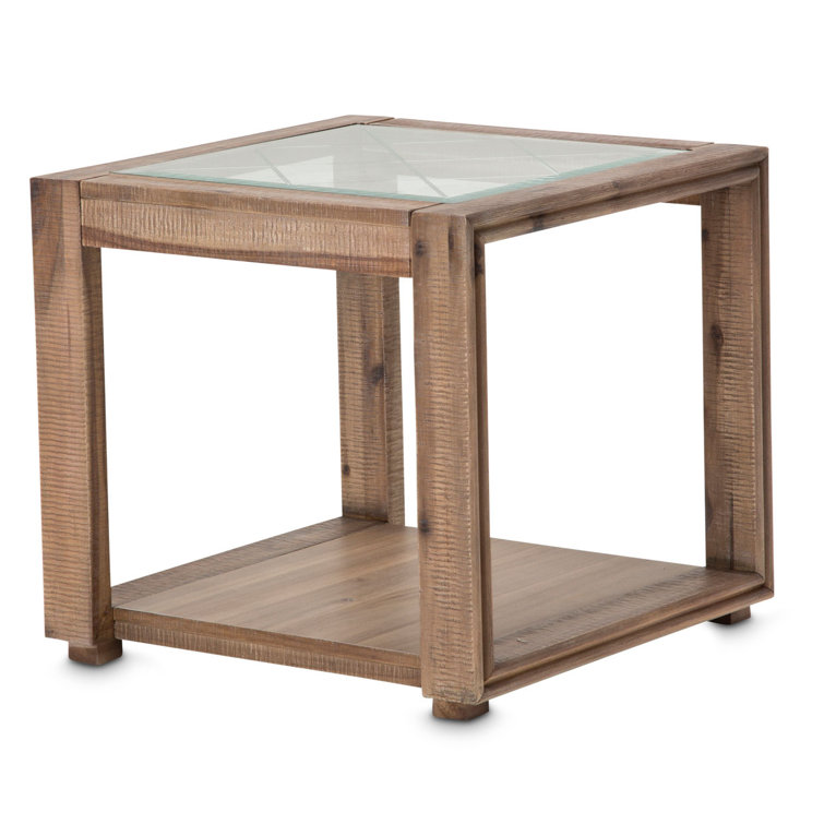 Elegant Hudson Driftwood Square End Table with Glass Shelf