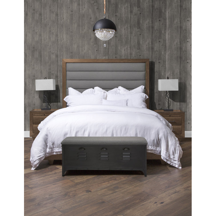 King Gray Upholstered Panel Bed with Acacia Wood Frame
