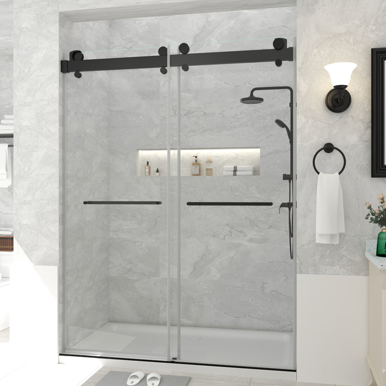 Matte Black Frameless Double Sliding Shower Door with Handles