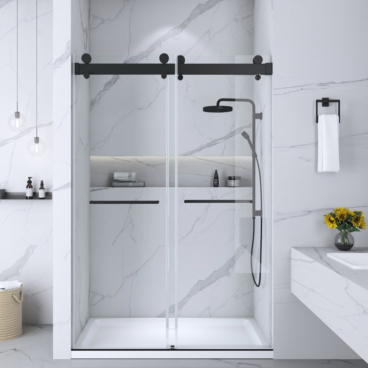 Matte Black Frameless Double Sliding Shower Door with Handles
