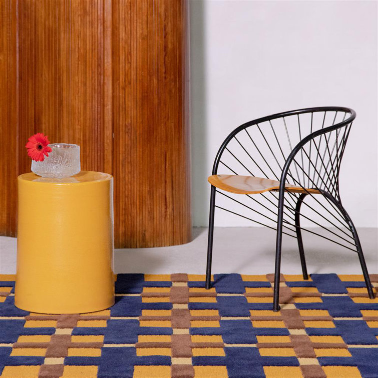 Large Blue and Brown Geometric Wool Handmade Rug