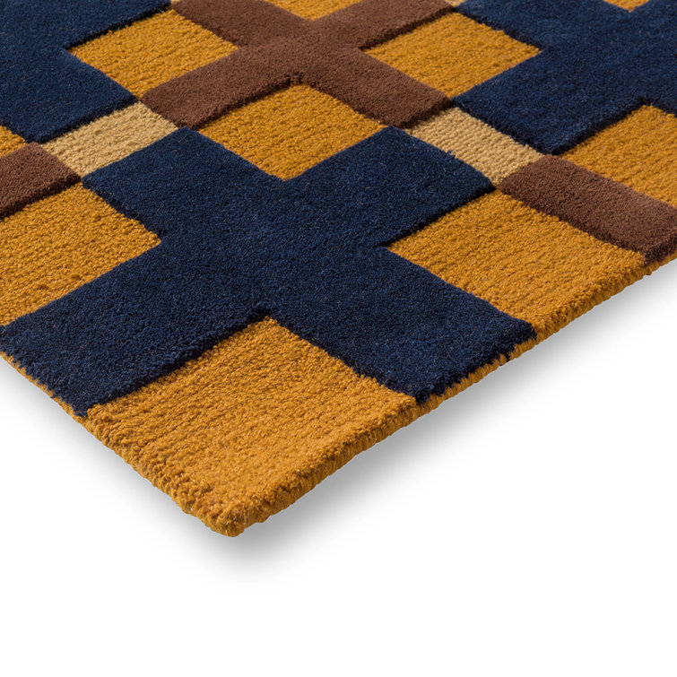 Large Blue and Brown Geometric Wool Handmade Rug