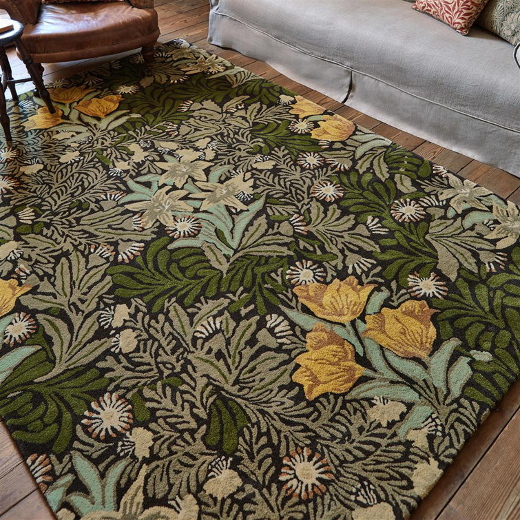 Green and Yellow Floral Hand Tufted Wool Area Rug