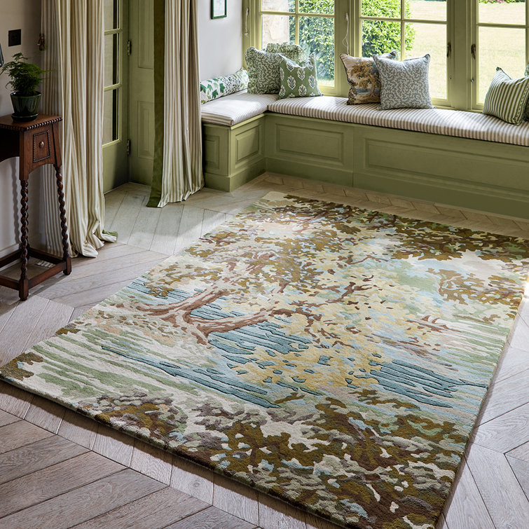 Handmade Olive Green and Beige Wool Rectangular Area Rug