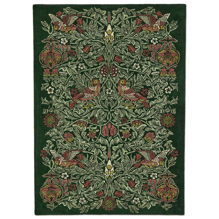 Rectangular Red and Green Floral Hand Tufted Wool Rug