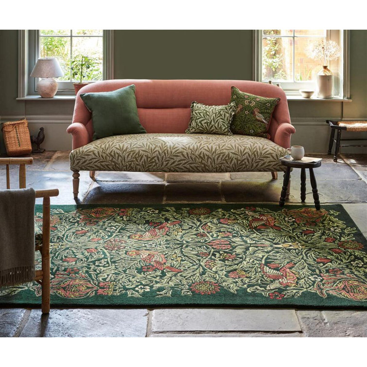 Rectangular Red and Green Floral Hand Tufted Wool Rug