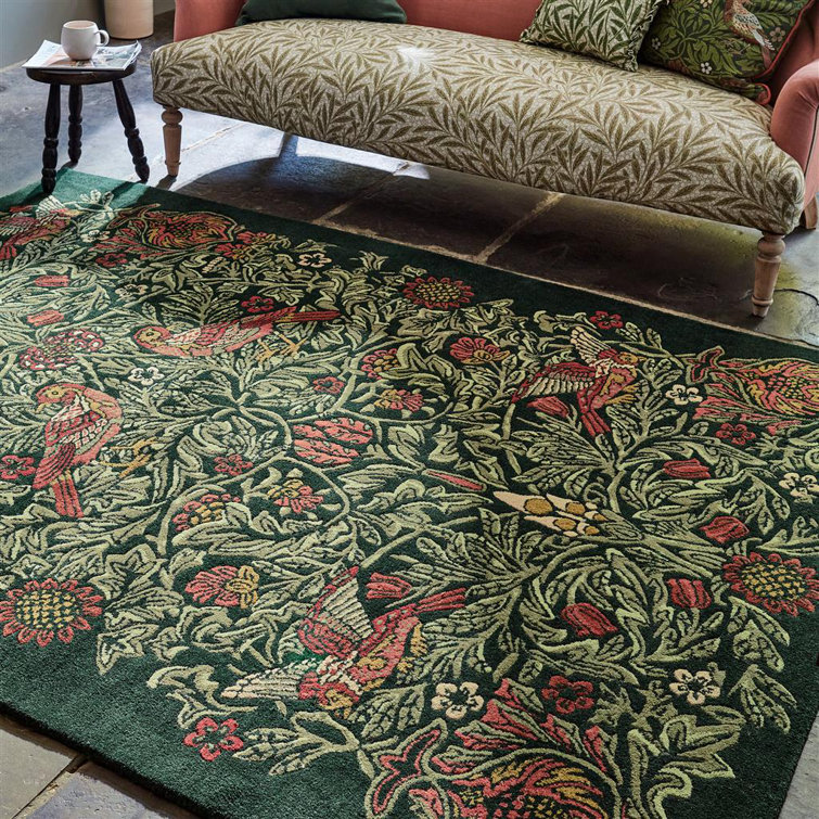 Rectangular Red and Green Floral Hand Tufted Wool Rug
