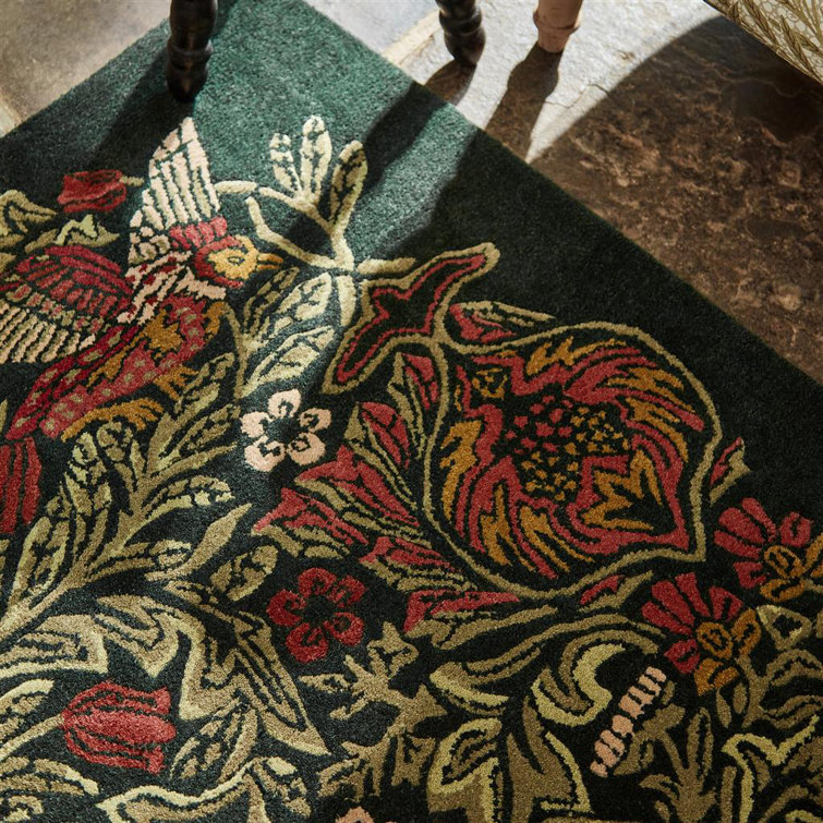 Rectangular Red and Green Floral Hand Tufted Wool Rug
