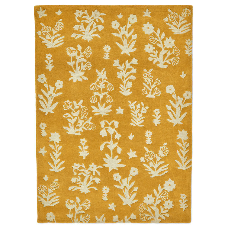 Handmade Gold Floral Wool Area Rug 5'6" x 7'9"