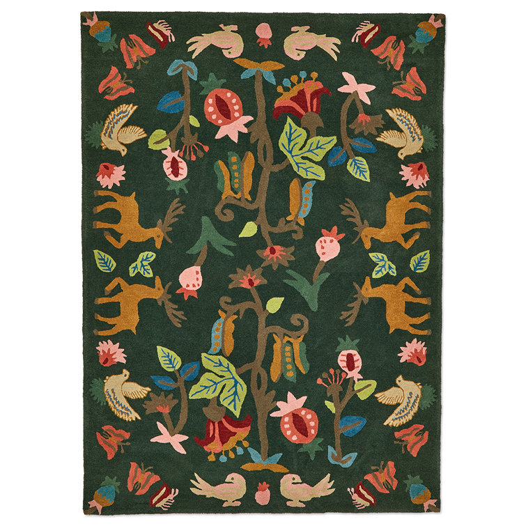 Hand-Tufted Green Wool Area Rug with Whimsical Forest Design