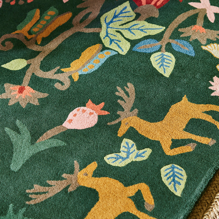 Hand-Tufted Green Wool Area Rug with Whimsical Forest Design