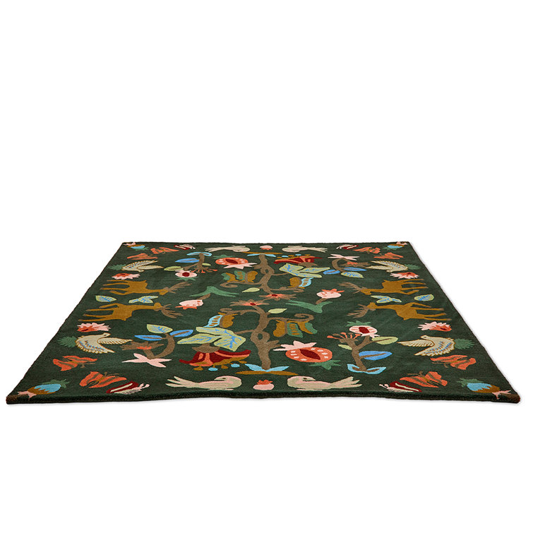 Hand-Tufted Green Wool Area Rug with Whimsical Forest Design