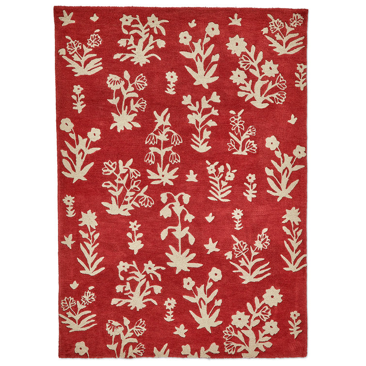 Handmade Red Floral Wool Rectangular Area Rug 6'6" x 9'2"