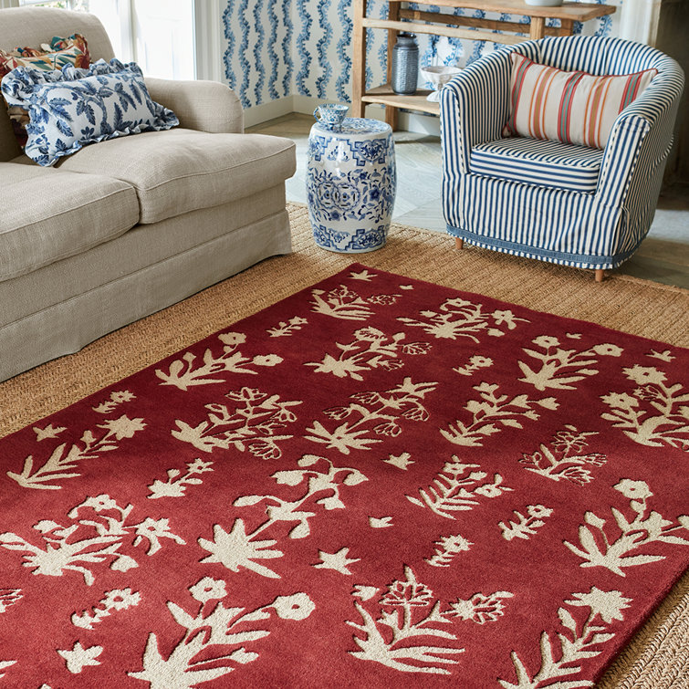 Hand Tufted Red Floral Wool Rectangular Area Rug
