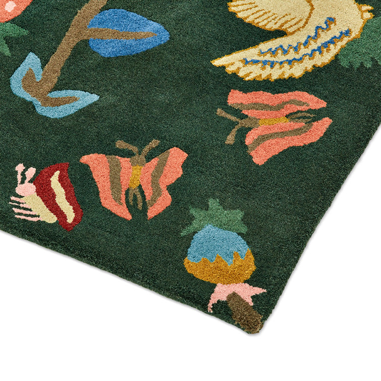 Hand-Tufted Green Wool Area Rug with Whimsical Forest Design