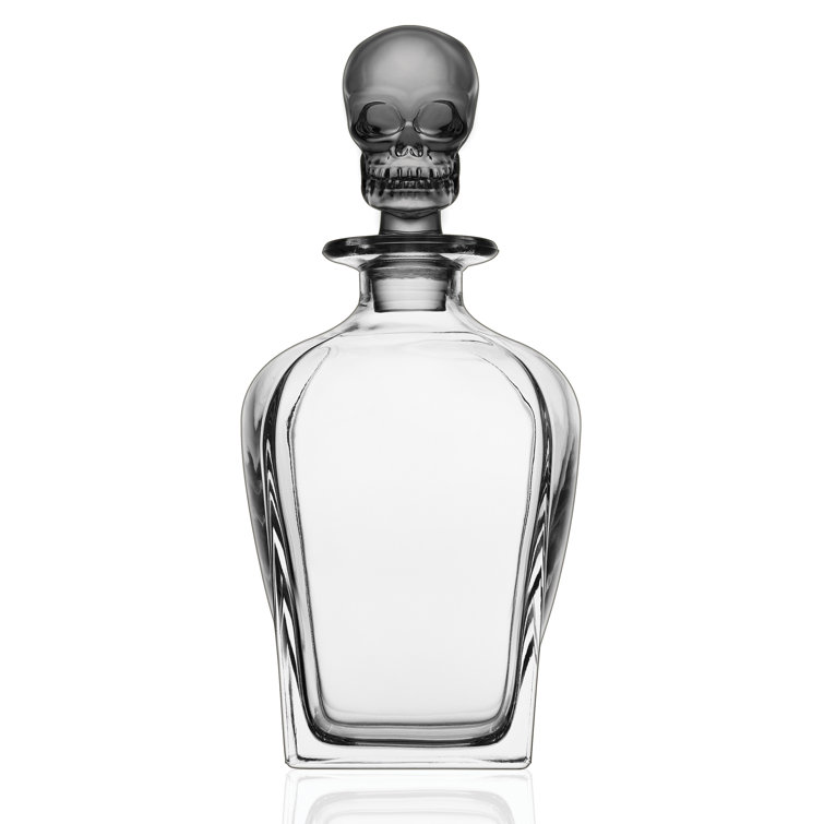 Clear Rectangular Glass Whiskey Decanter with Skull Stopper