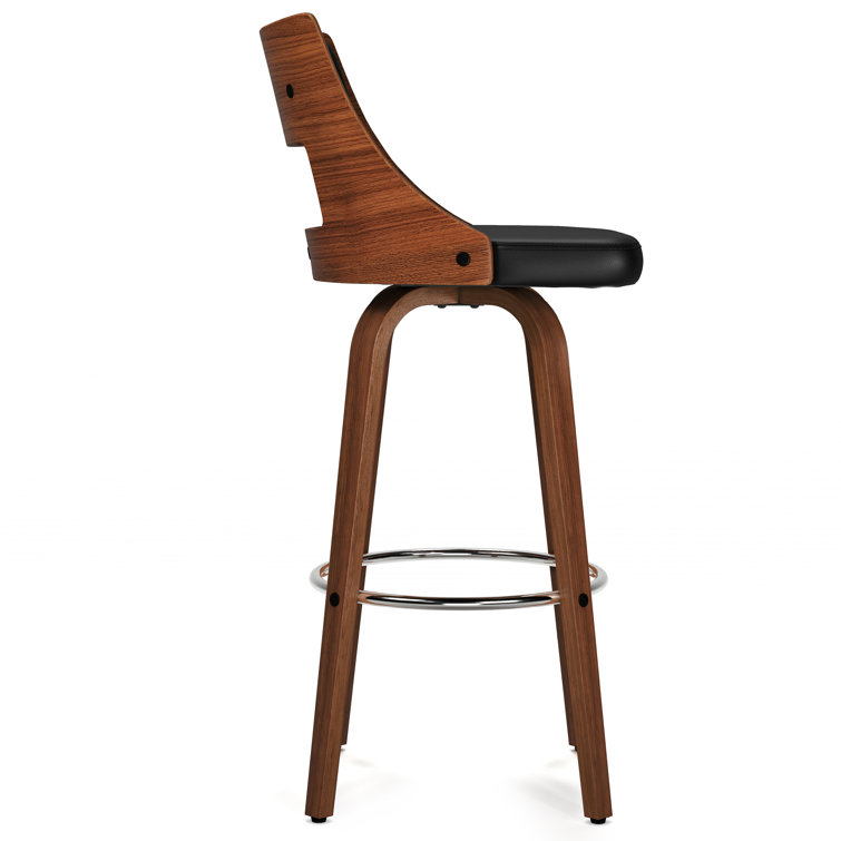 Black Faux Leather and Walnut Swivel Bar Stools, Set of 2