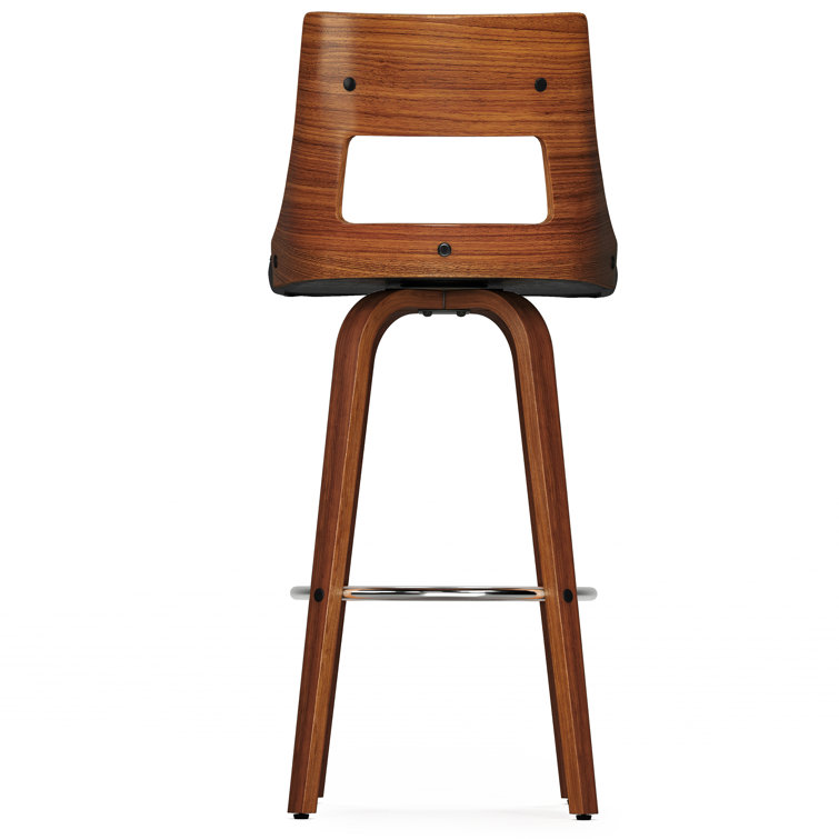 Black Faux Leather and Walnut Swivel Bar Stools, Set of 2