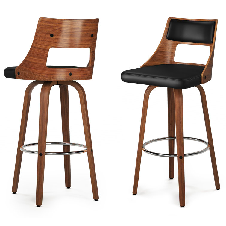 Black Faux Leather and Walnut Swivel Bar Stools, Set of 2