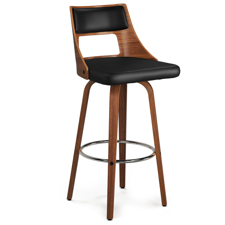 Black Faux Leather and Walnut Swivel Bar Stools, Set of 2