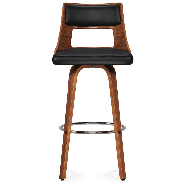 Black Faux Leather and Walnut Swivel Bar Stools, Set of 2