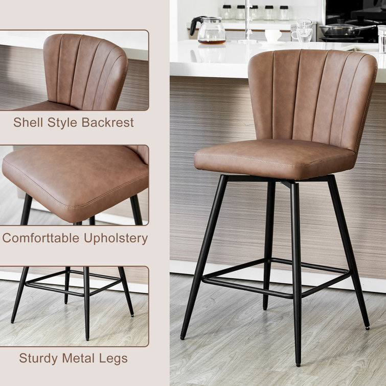 Brown Leather Upholstered Bar Stools with Steel Legs, Set of 2