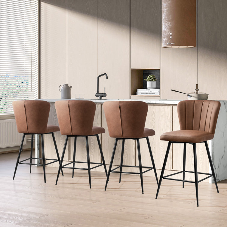 Brown Leather Upholstered Bar Stools with Steel Legs, Set of 2