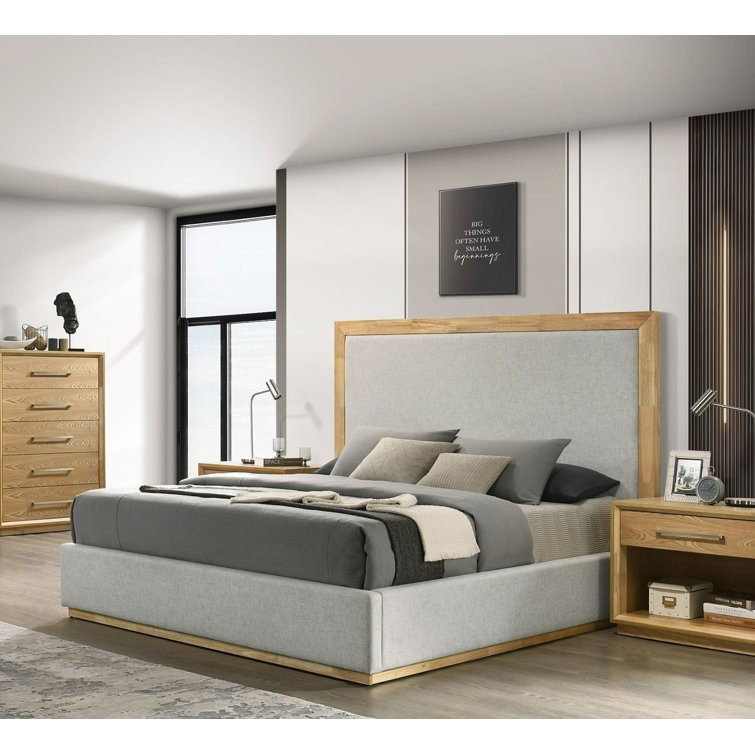 King Gray Upholstered Wood Frame Bed with Slats