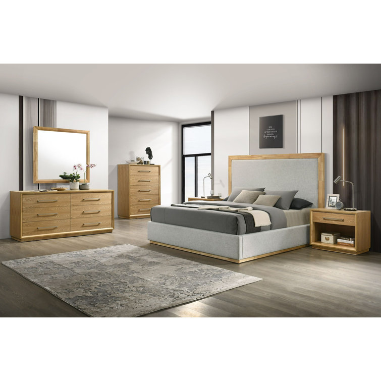 King Gray Upholstered Wood Frame Bed with Slats